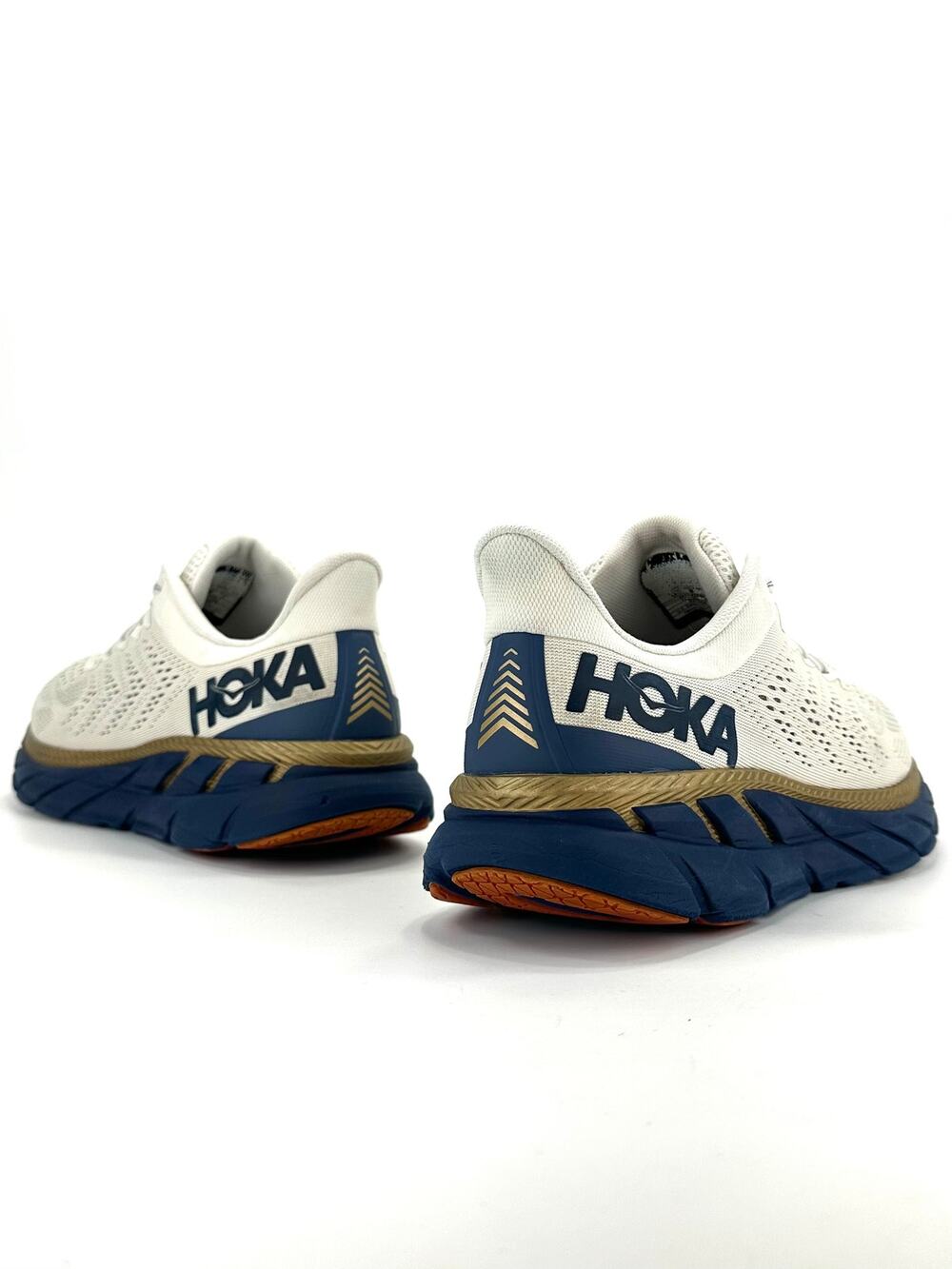 Hoka One One Clifton 7 Wn Running Shoe/Sneaker Size 12 Off-White Gold Navy Gym